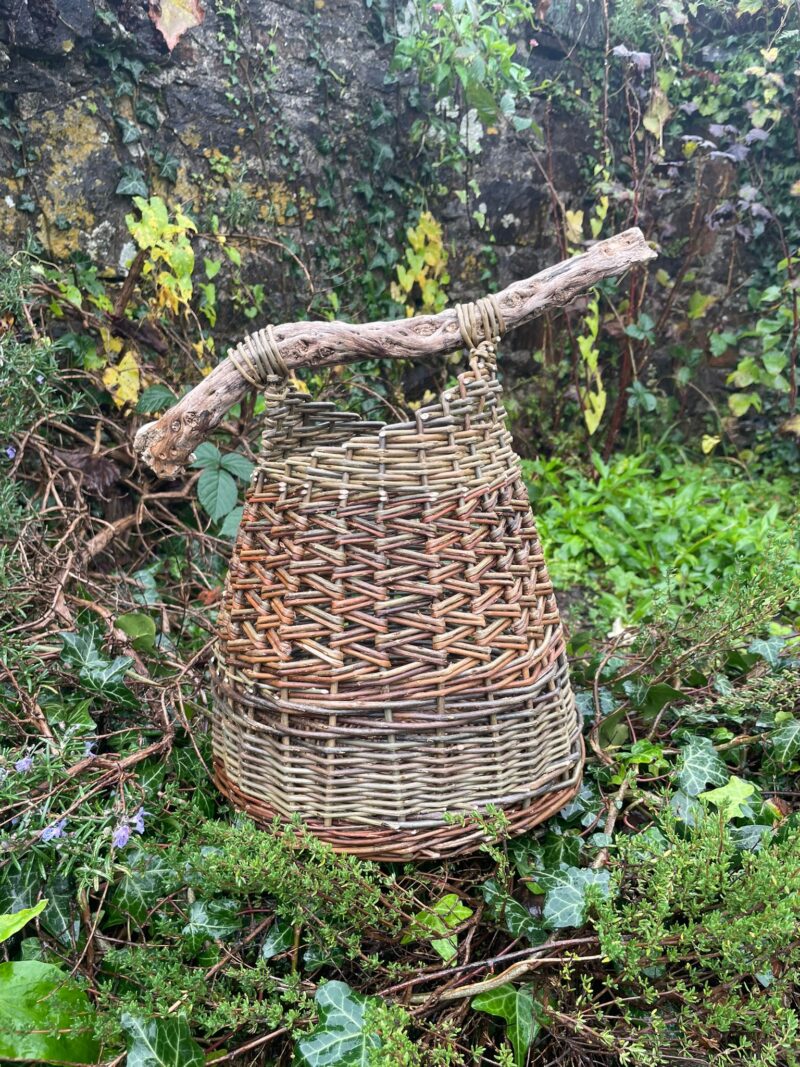 Asymmetrical Basket with Zig Zag Weave and Wooden Handle